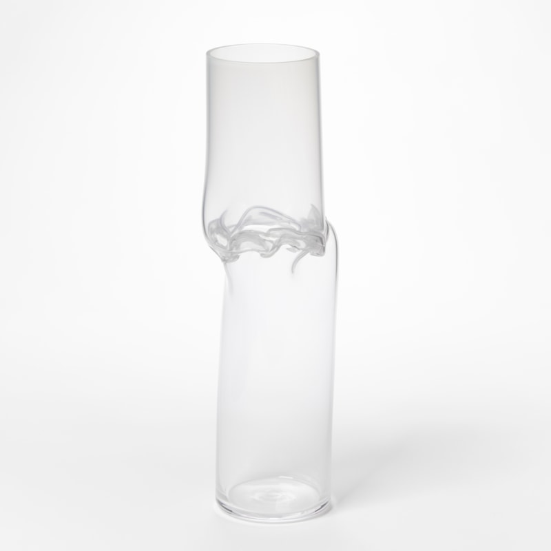 hand blown clear cylinder with offset upper section and mid way rippling and flared waisted joint section