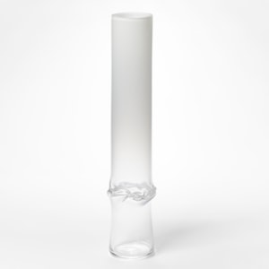 hand made glass sculptural cylinder with clear base fading to opaque white with dividing wrinkled and rippled waist section