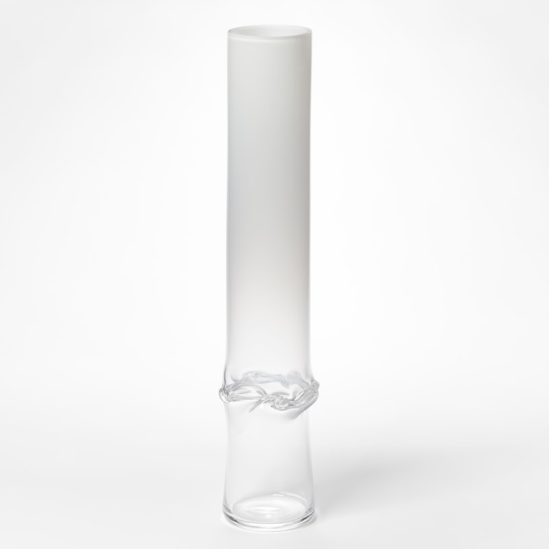hand made glass sculptural cylinder with clear base fading to opaque white with dividing wrinkled and rippled waist section