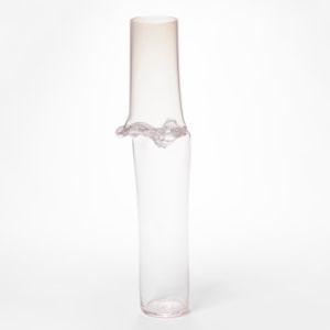 ethereal soft pink fading from transparent to slightly opaque tall cylinder with collapsed rippled waist section hand made from glass