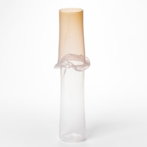 ethereal apricot and transparent sculptural cylinder with central ripping flared waist hand made from glass
