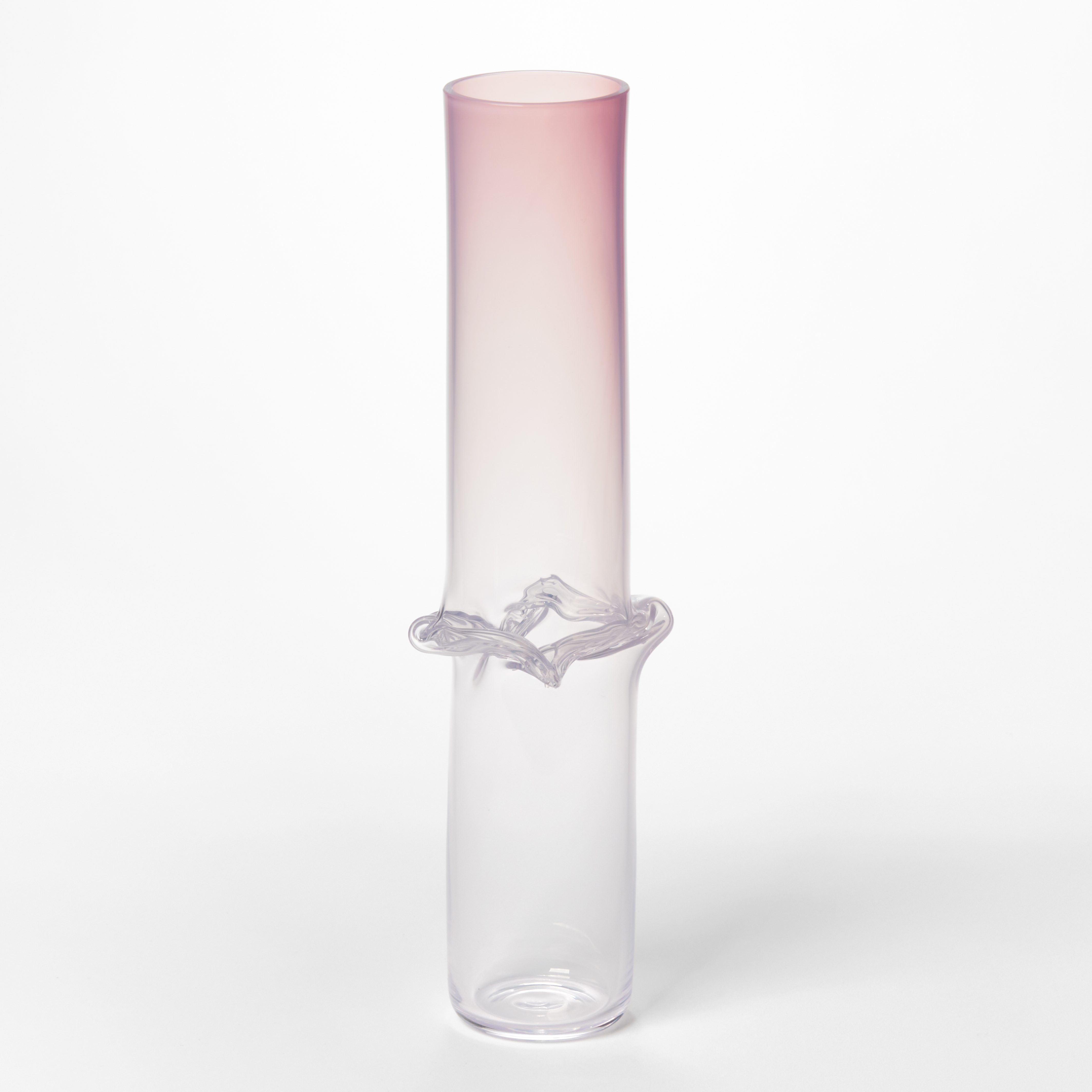 tall cylinder with rippled central banded waist with transparent pink lower half and faded soft opaque pink top half hand made from glass
