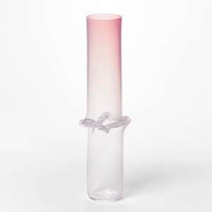 tall cylinder with rippled central banded waist with transparent pink lower half and faded soft opaque pink top half hand made from glass