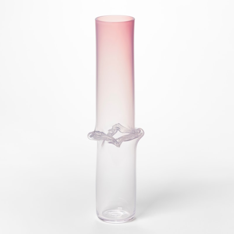 tall cylinder with rippled central banded waist with transparent pink lower half and faded soft opaque pink top half hand made from glass