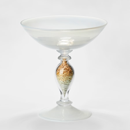 handblown traditional venetian style centre piece with detailed stem and flared bowl on top in clear and white glass with the undulating central stem filled with gold leaf