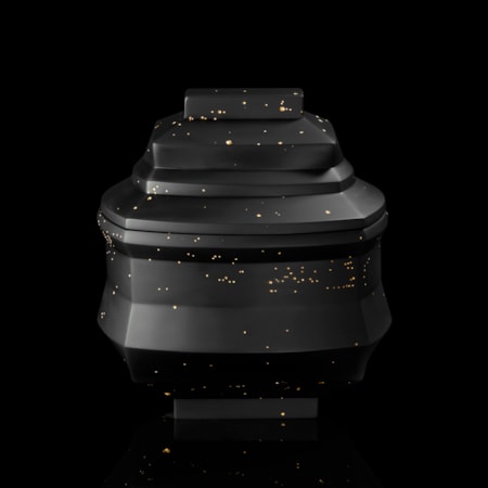 dense black box with facetted and angled sides and lid with randomly arranged recessed small holes all over the surface filled with 23.5 carat gold hand made from cast glass