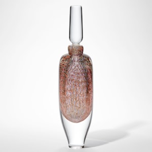 tall clear glass bottle with clear stopper and tapered clear base with trapped internally intense detailed repeat pattern in pale blue coral and soft orange