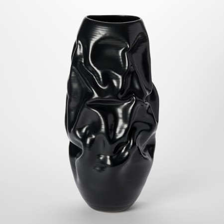 tall satin black crumpled and wrinkled abstract vessel with distinct surface lines and crevasses hand made and thrown from clay