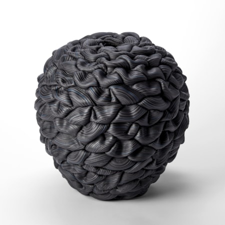 black and blue round vessel with the appearance as if made from interwoven and stacked ridged thick black rubber bands each creating soft folds and layers hand made from porcelain and parian