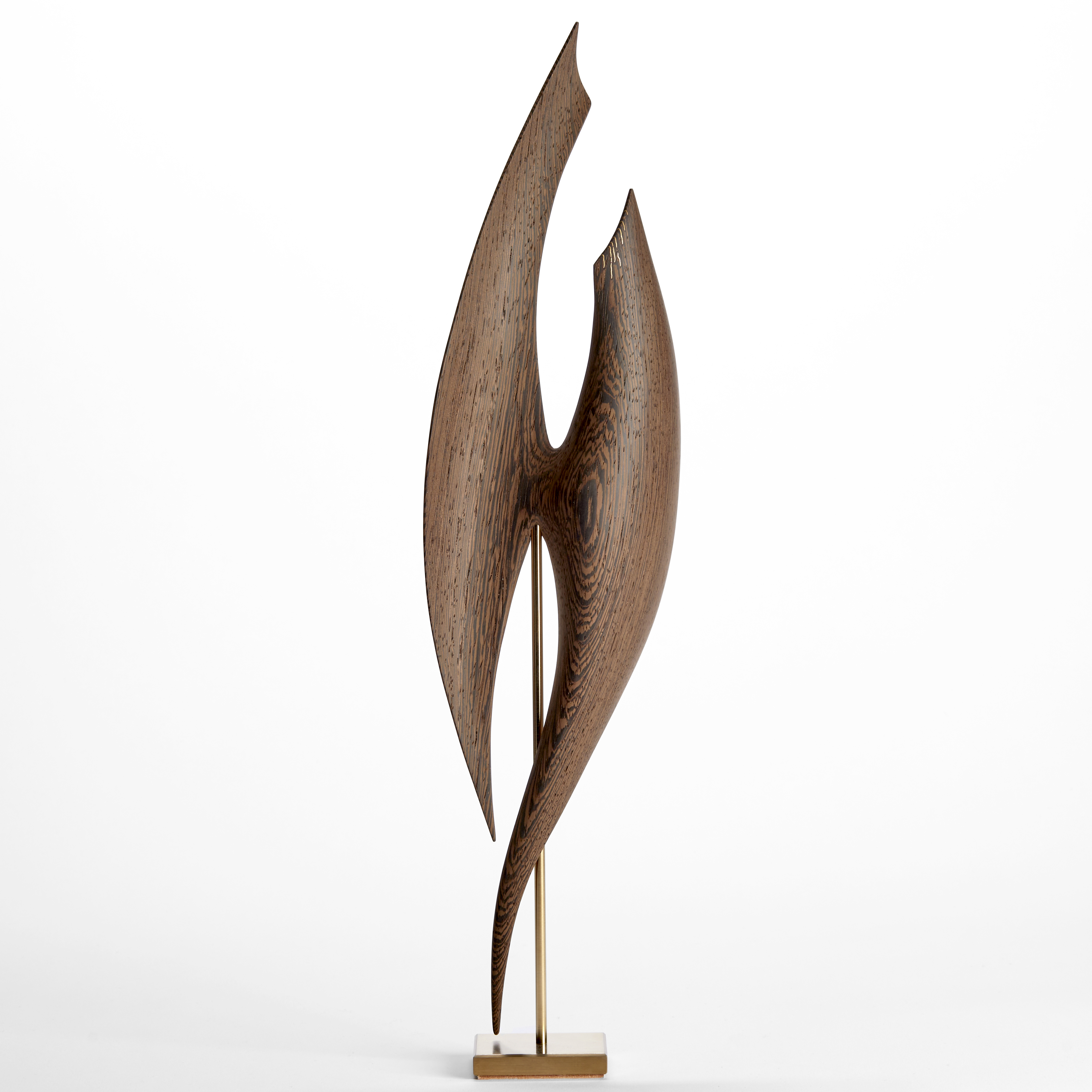 elegant rich highly grained wenge wood barbara hepworth inspired sculpture with sweeping curves and gold inlay on a gold plated stand