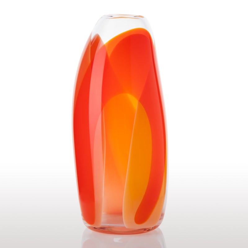soft tall cylindrical clear vase with wide looped bands of colour in orange red and yellow hand made from glass