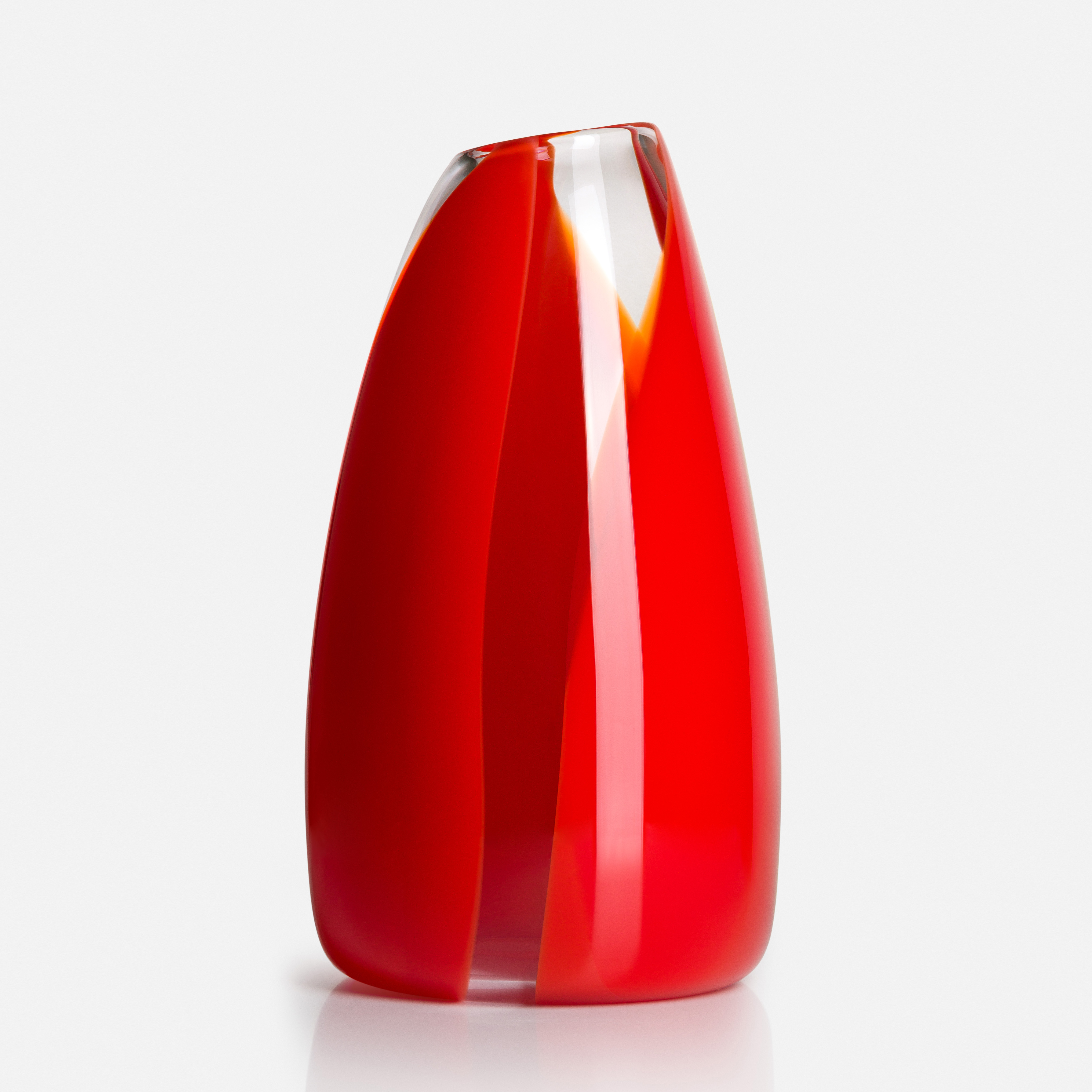 soft tall pointed clear glass vase with abstract thick soft bands of colour in red and orange hand made from blown glass