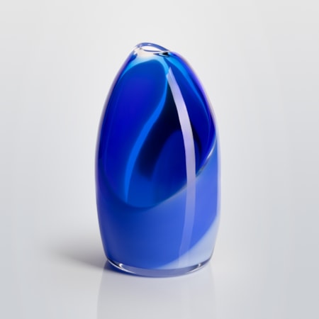 soft bullet shaped handblown clear glass vase with small top opening and abstract soft wide curled bands of colour in blue lilac and green