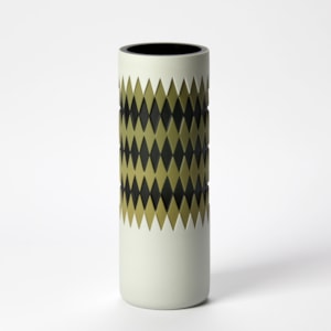 tall tubular opaque vase with an exterior geometric pattern around the form with harlequin diamonds on black and olive green on a white background with a glossy interior hand made from glass