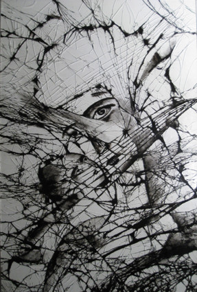 black and white art glass canvas with religious iconography