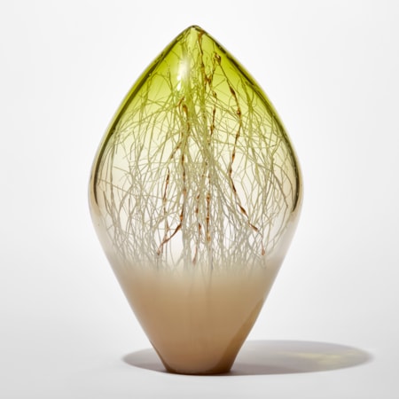 clear and opaque standing glass sculpture with pointed top in light bronze and lime green with fine white canes trapped inside mixed with gold ones with bulbous rounded sections