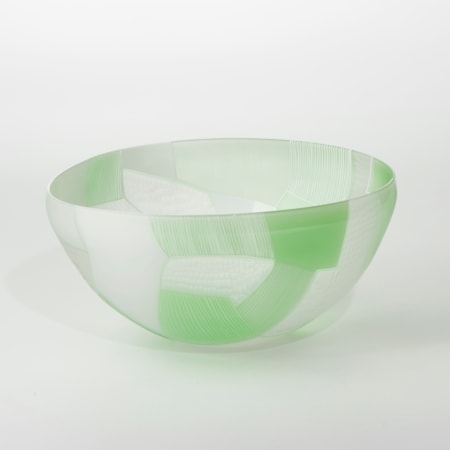 glass art bowl sculpture in green and white
