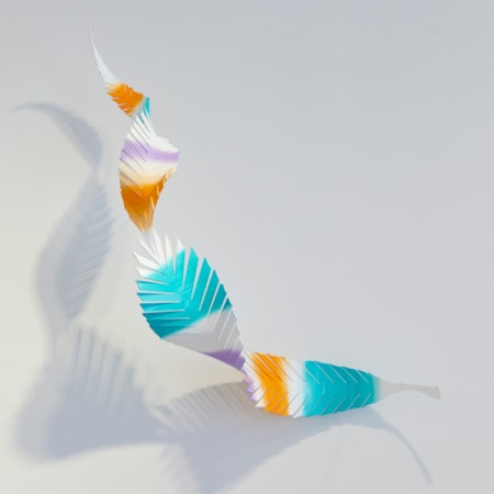 hand painted with aqua car paint aluminium abstract feather with bands of colour in white lilac orange and aquamarine
