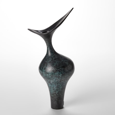 tall dark grey green and jade organically patterned abstract bird shaped sculpture with narrow base, widening middle and sleek top beak form inspired by brancusi hand made from bronze