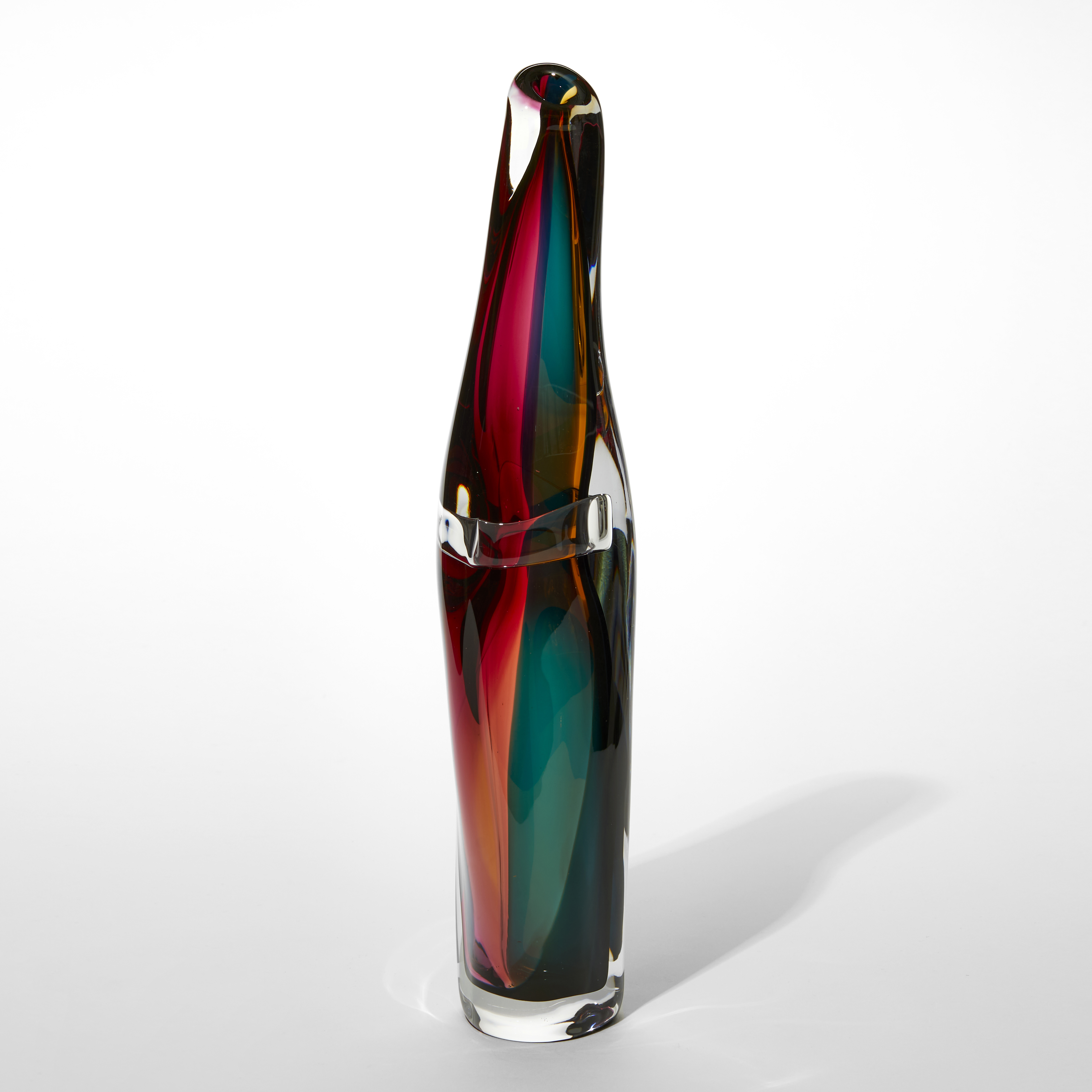tall lozenge shaped vase with organic fluid lines and bands of colour in pink green and orange hand made from glass