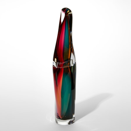 tall lozenge shaped vase with organic fluid lines and bands of colour in pink green and orange hand made from glass