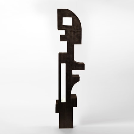 tall black standing abstract masai inspired sculptural figure made from sapele wood with a rectangular window opening lined in white