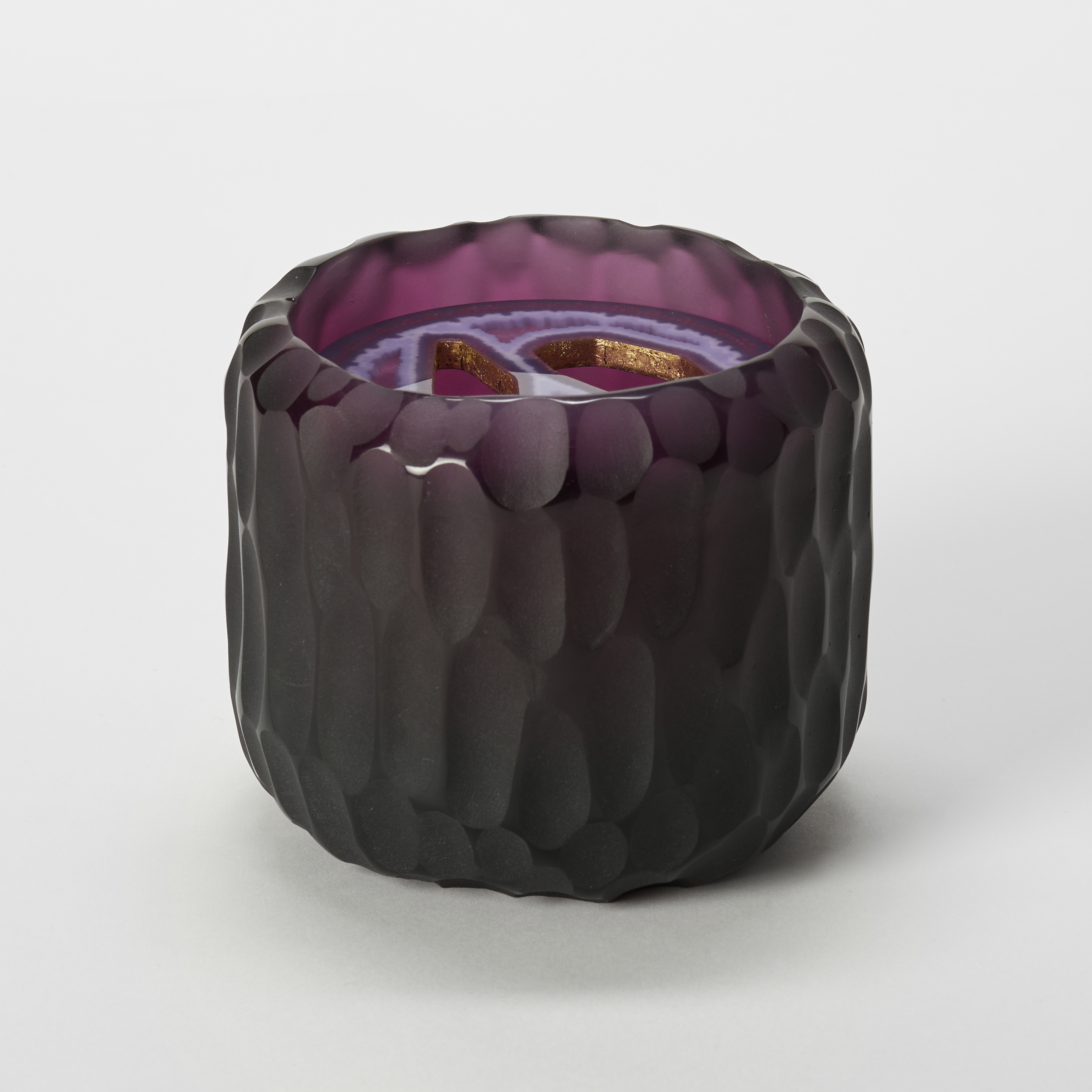 jar in cast glass purple lead crystal base and murini disk with 22ct gilt.