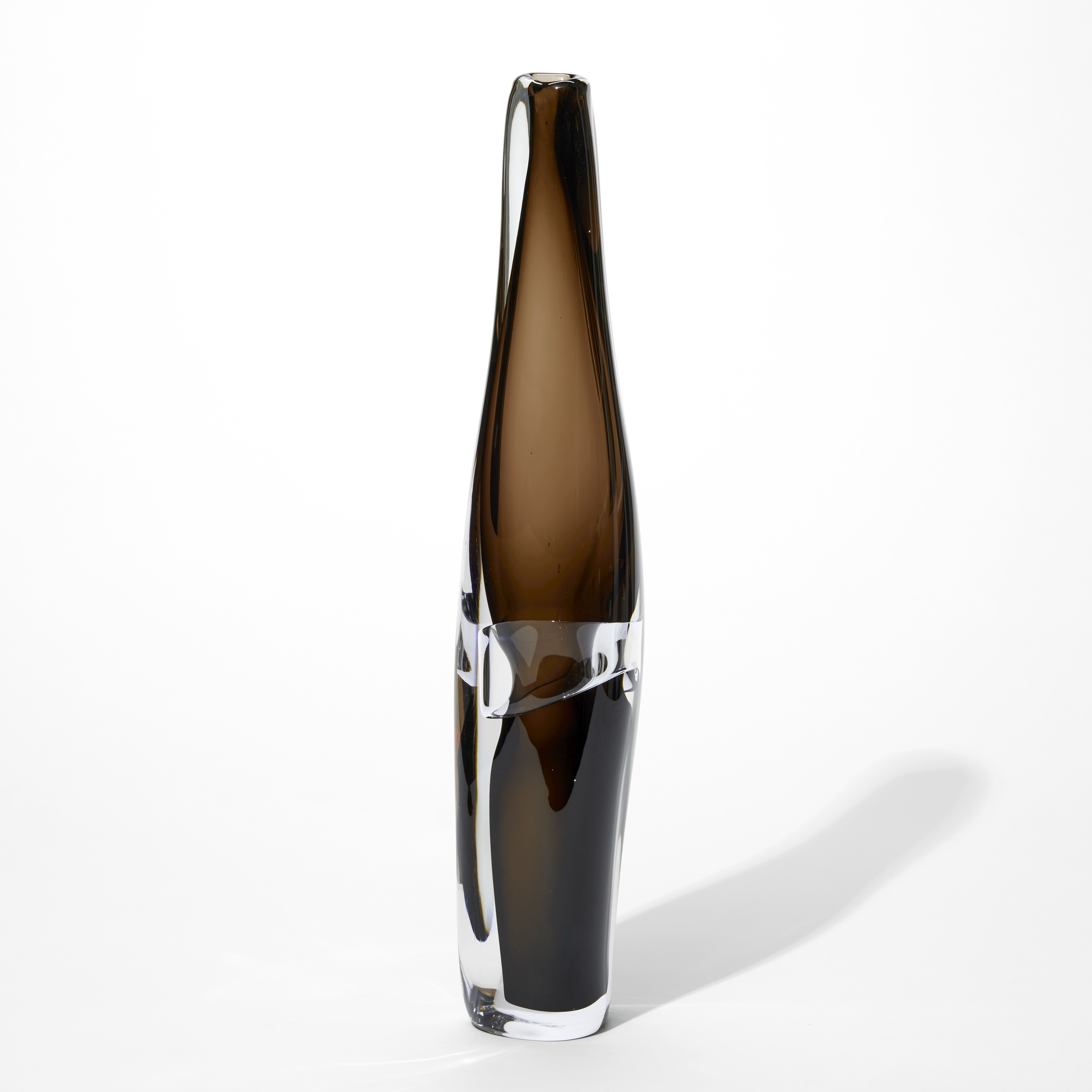 tall tapering lozenge shaped vase made from transparent glass with an inner layer in dark rich brown with a central uneven band in clear
