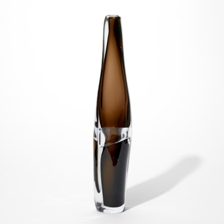 tall tapering lozenge shaped vase made from transparent glass with an inner layer in dark rich brown with a central uneven band in clear