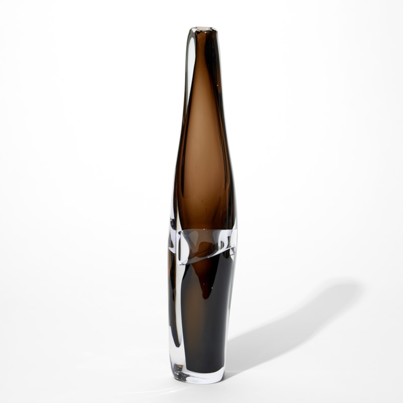 tall tapering lozenge shaped vase made from transparent glass with an inner layer in dark rich brown with a central uneven band in clear