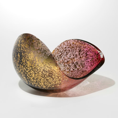 open topped ovoid sculpture with elliptical curved rim made from transparent pink and purple glass with a gold organic texture on the outside