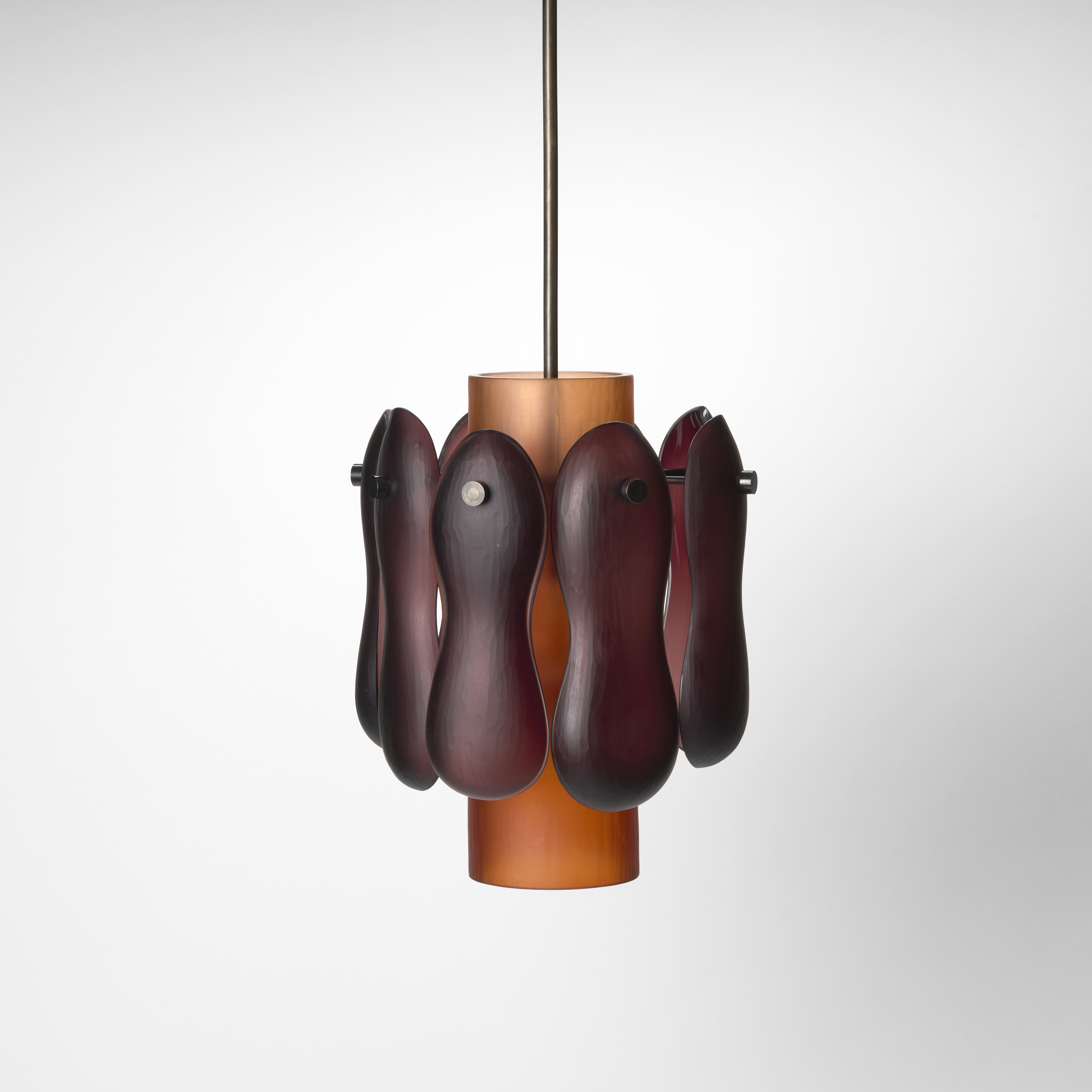 opaque pendant light with central tube in sienna and eight opaque brown figure of eight bean shapes suspended in a row around it hand made from blown and cut glass