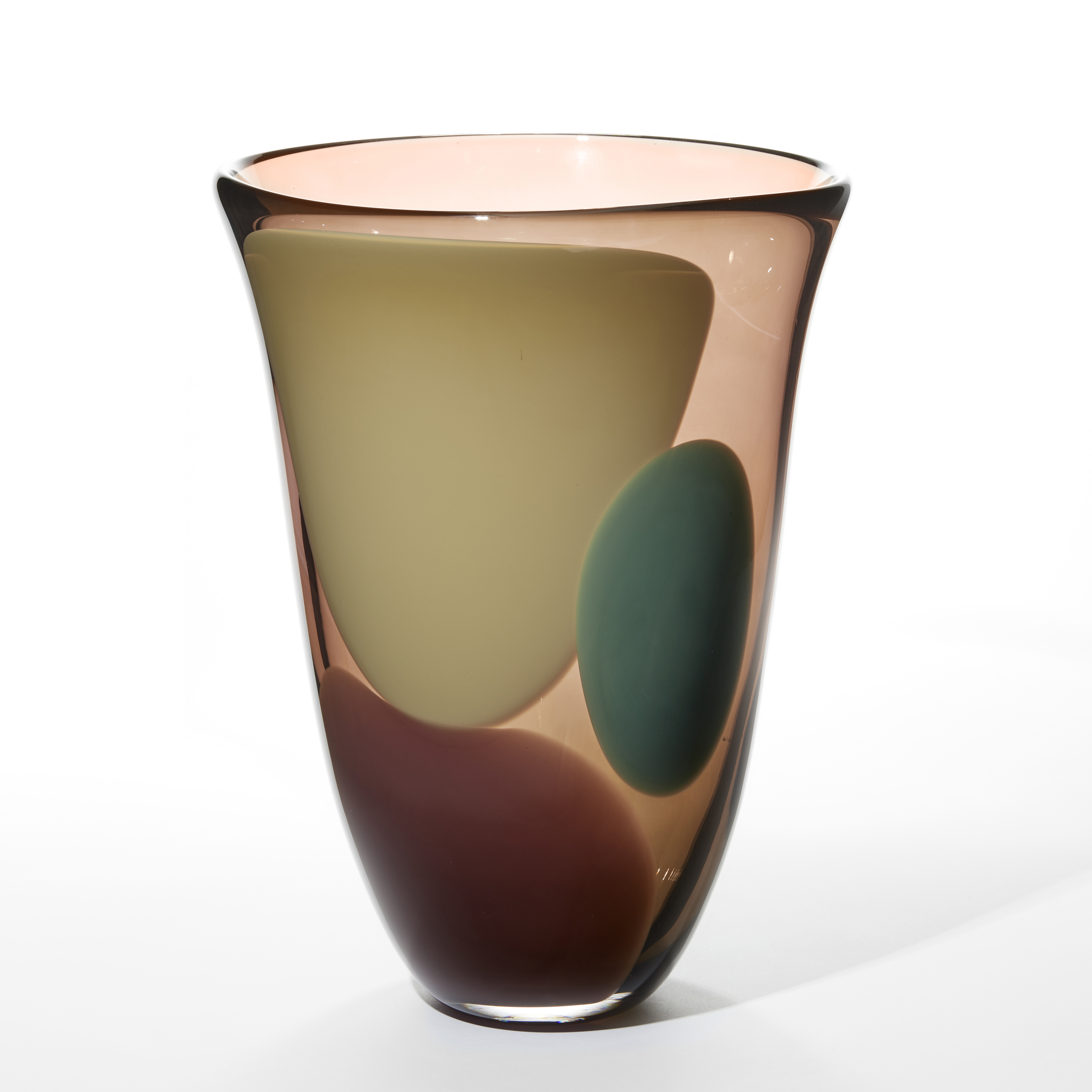 tall elegant flared vessel hand blown and made from transparent soft aubergine glass with three amorphous blobs of opaque cream jade and dark rose pink
