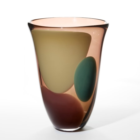 tall elegant flared vessel hand blown and made from transparent soft aubergine glass with three amorphous blobs of opaque cream jade and dark rose pink