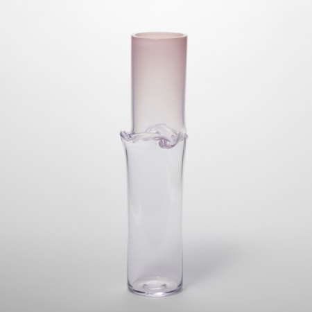 tall soft pink fading to clear cylindrical vessel with a flared and three dimensional raised creased waist hand made from glass