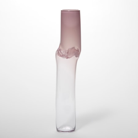 tall cylindrical vessel with a kinked creased section a third from the top in soft pink fading to transparent at the base hand made from glass