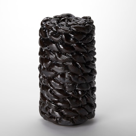 blackish brown glistening column created from interwoven ridged rings twisting into one another and stacked on top of each other hand made from stoneware clay