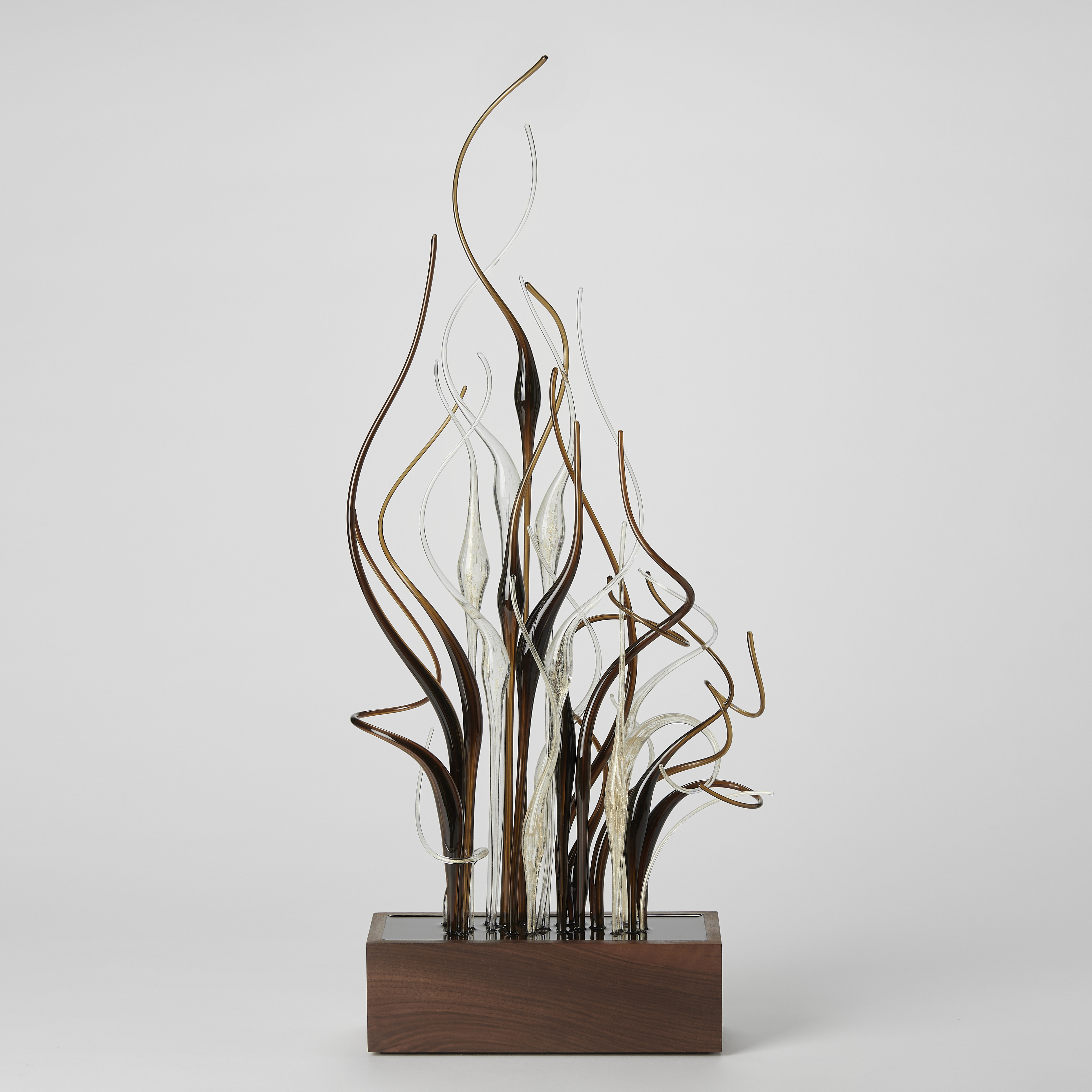 prone rectangular base with a bunch of curling canes set within it thrusting and curling upwards in brown clear and gold hand made from glass