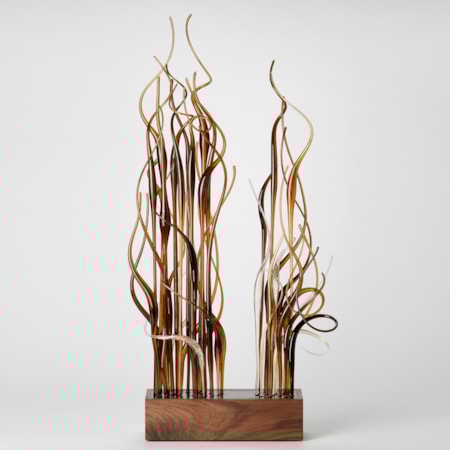 rectangular walnut wood base with two thick bunches of straight canes with interwoven curling sections in brown amber clear and gold with all thrusting upwards hand made from glass