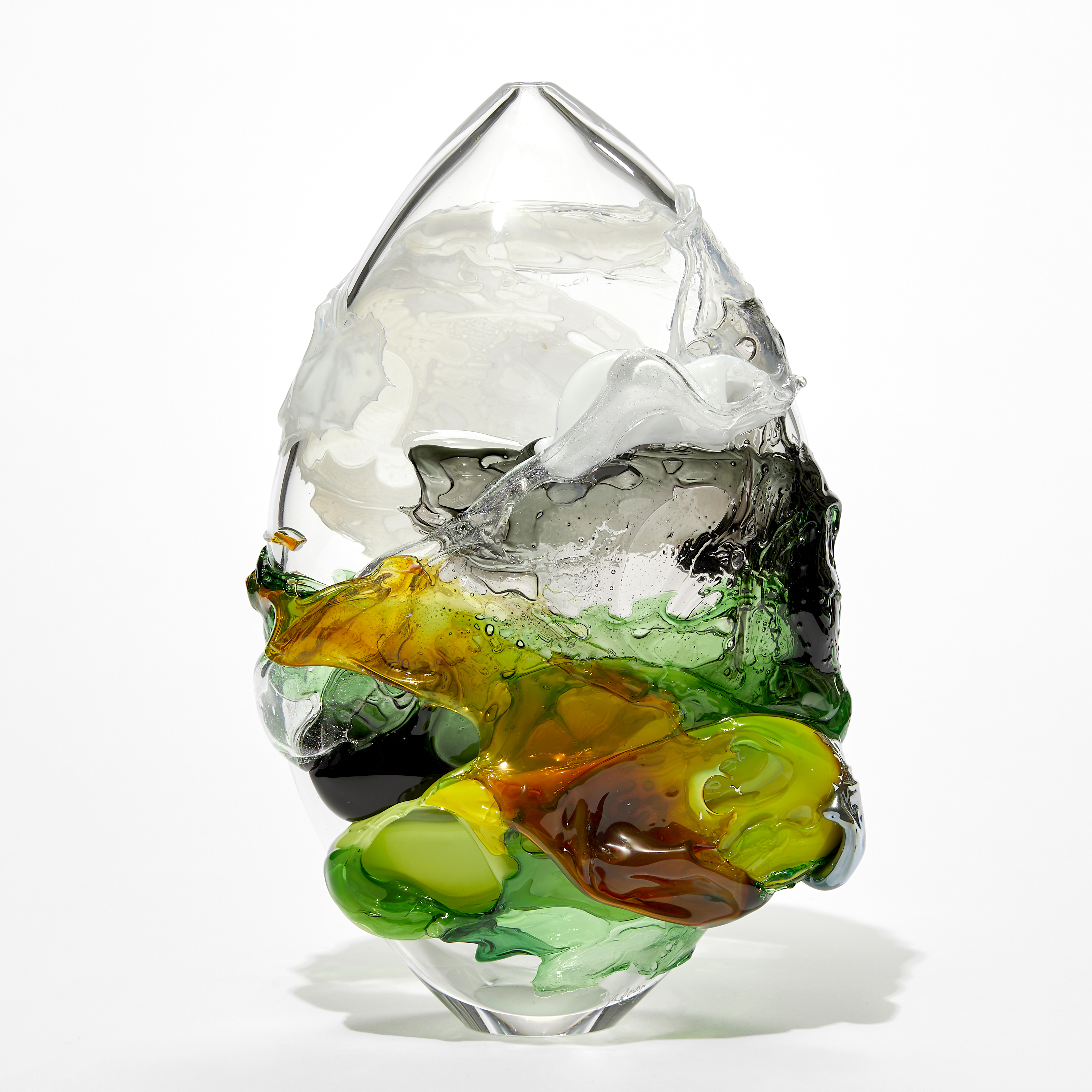 sculpted clear glass decorative art piece with dark green yellow and orange splashes