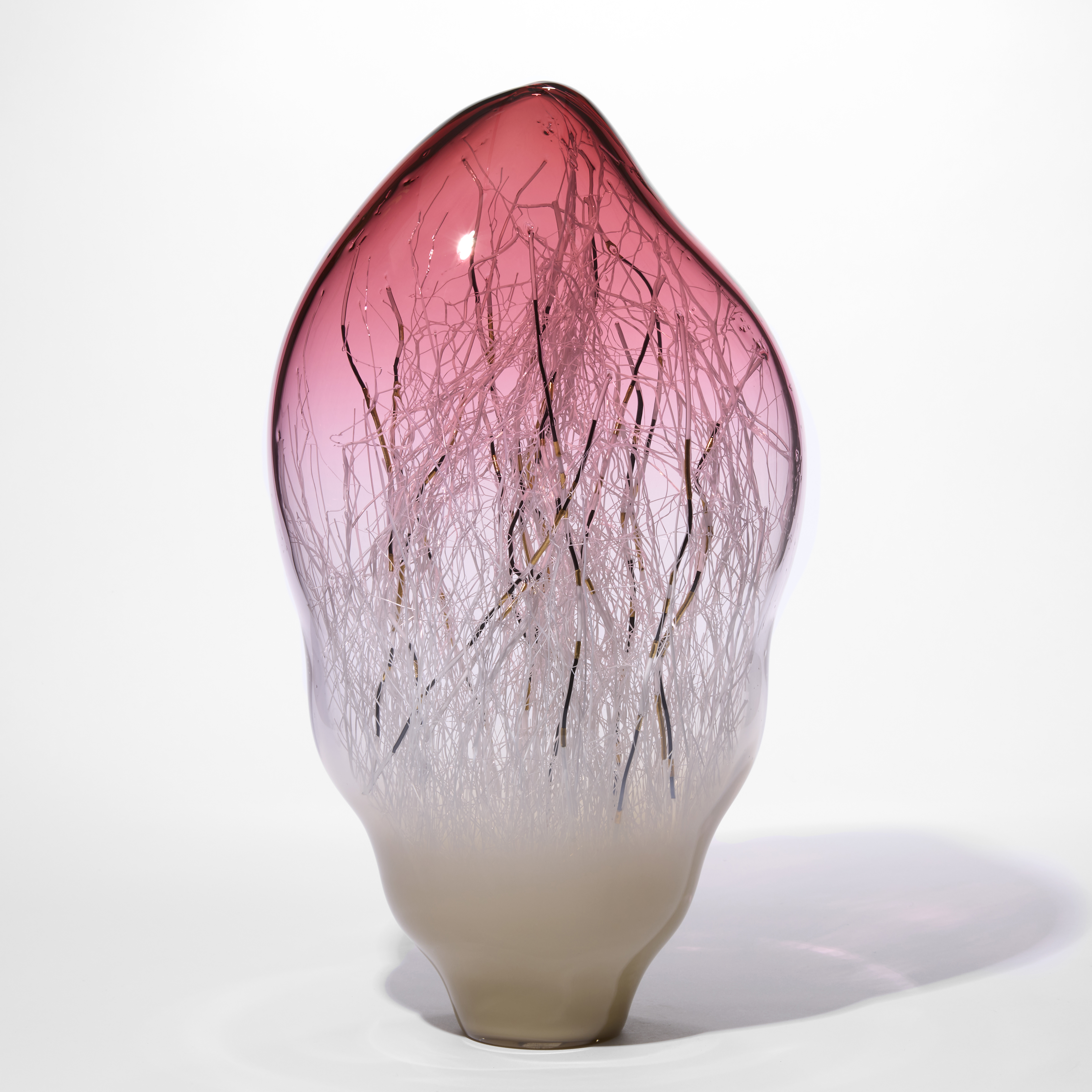 tall amorphous shaped sculpture with transparent pink top half fading towards to the base and turning to an opaque mink soft brown with the inside filled with long fine canes in white black and gold hand blown from glass