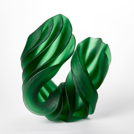 thick semi translucent thick ridged twisting u shaped sculpture in verdant green hand made from cast and sculptured glass