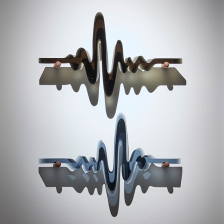 four semi transparent wall mounted sculptures in steel blue olive green amber and brown each with the appearance of a heart monitor read out following an undulating and dipping line made from cast glass with each resting on two teak fittings with all four positioned in an evenly spaced grid