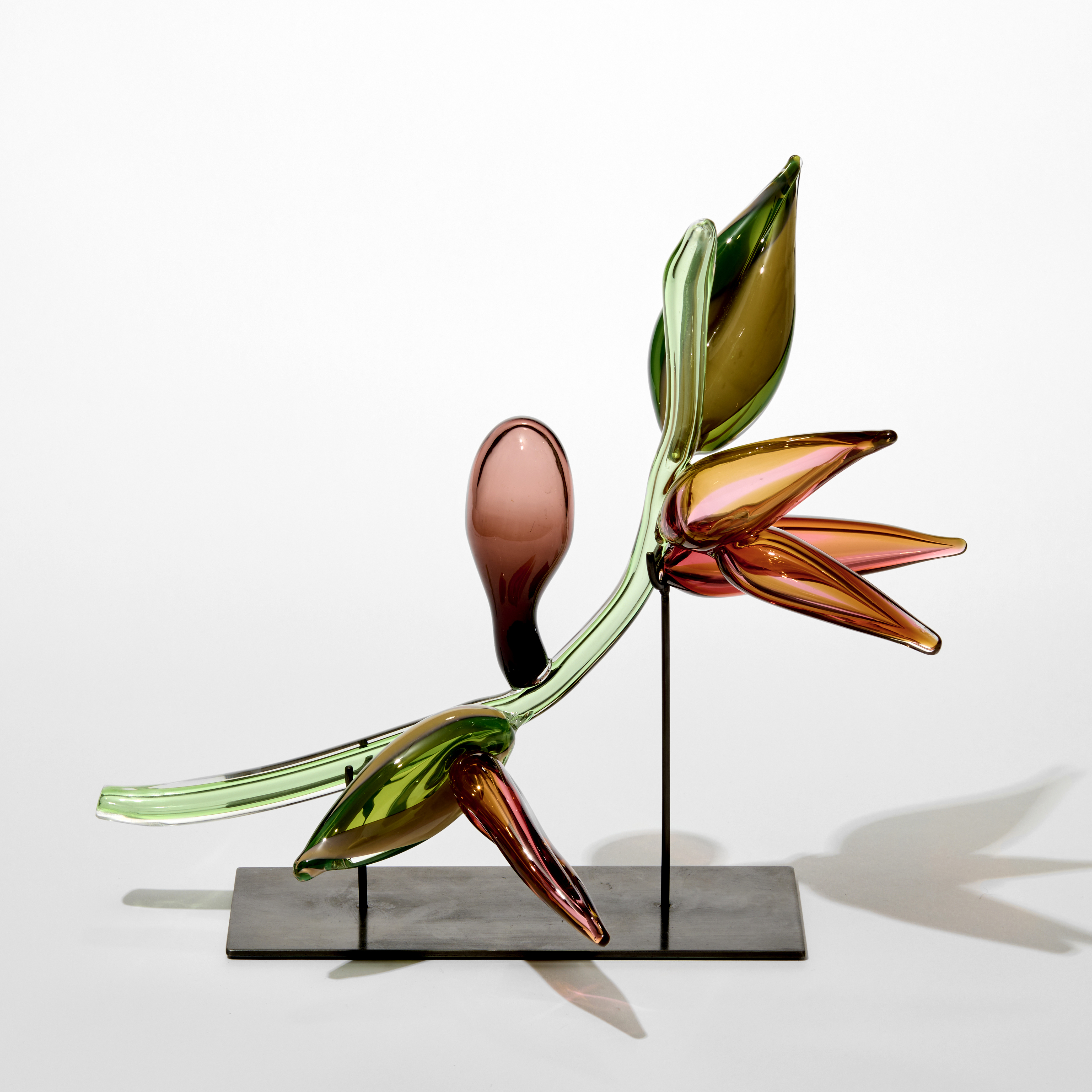 undulating transparent glossy green stem with coral pink and amber bird of paradise blooms and twisting soft pointed leaves with a rich brown bulbous pod attached hand made from glass