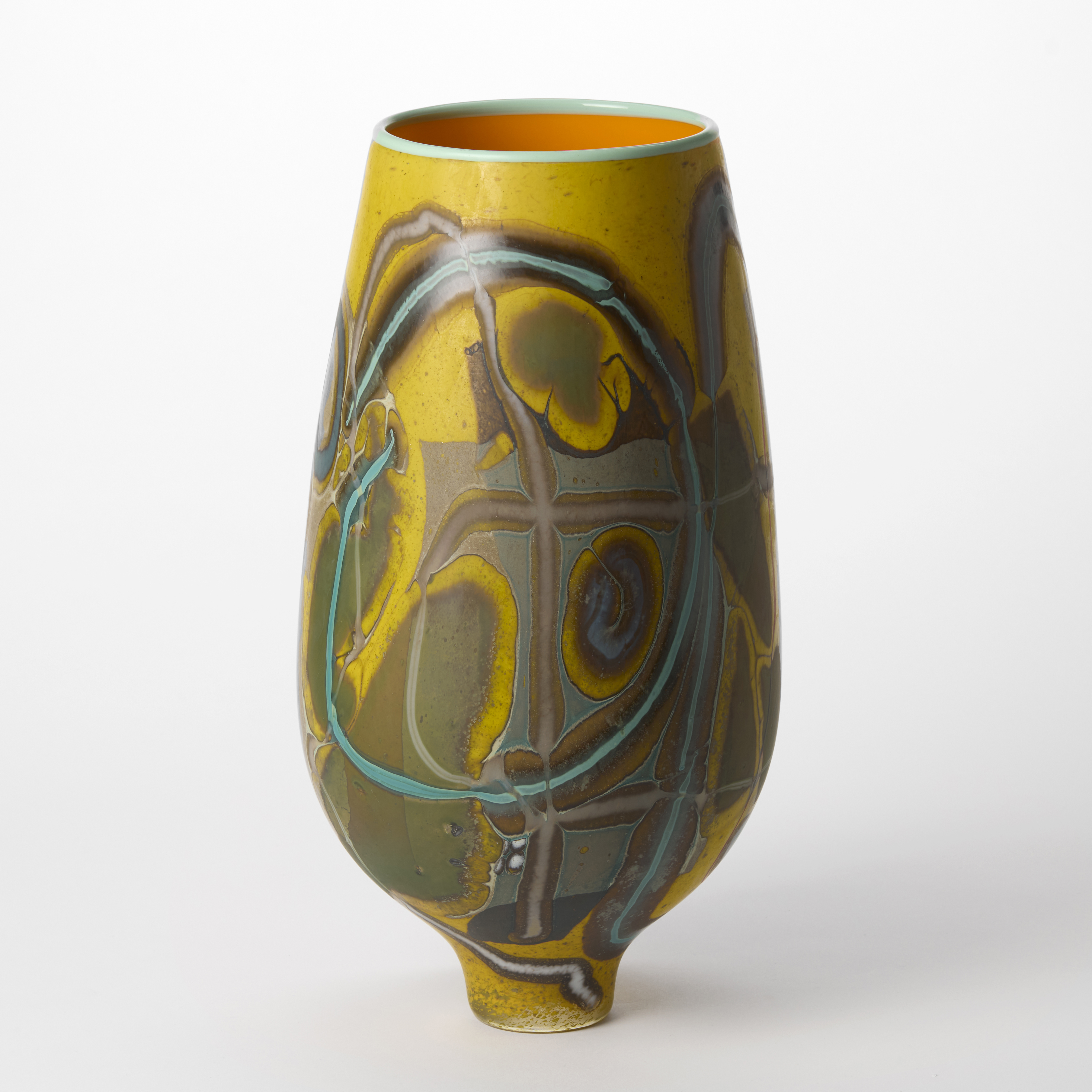 tall rounded opaque rich yellow vase with a narrowing elegant foot and banded rim in  mint green with abstract surface decoration in khaki aqua and grey and a glossy orange interior hand made from glass