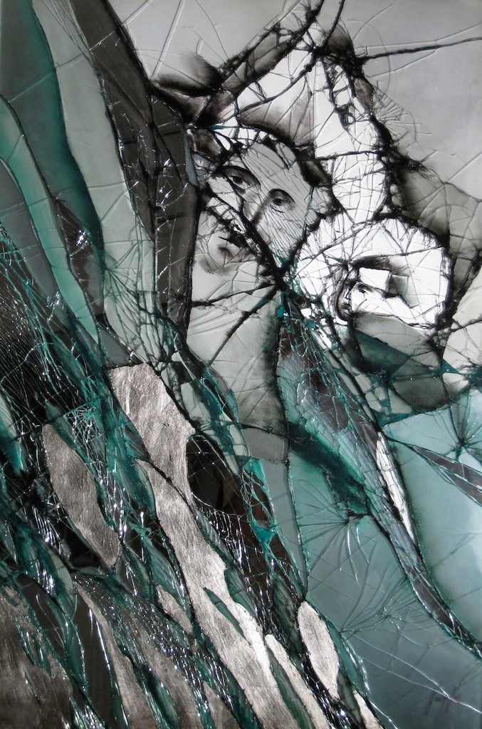 turquoise and grey glass canvas depicting faint orthodox christian icon