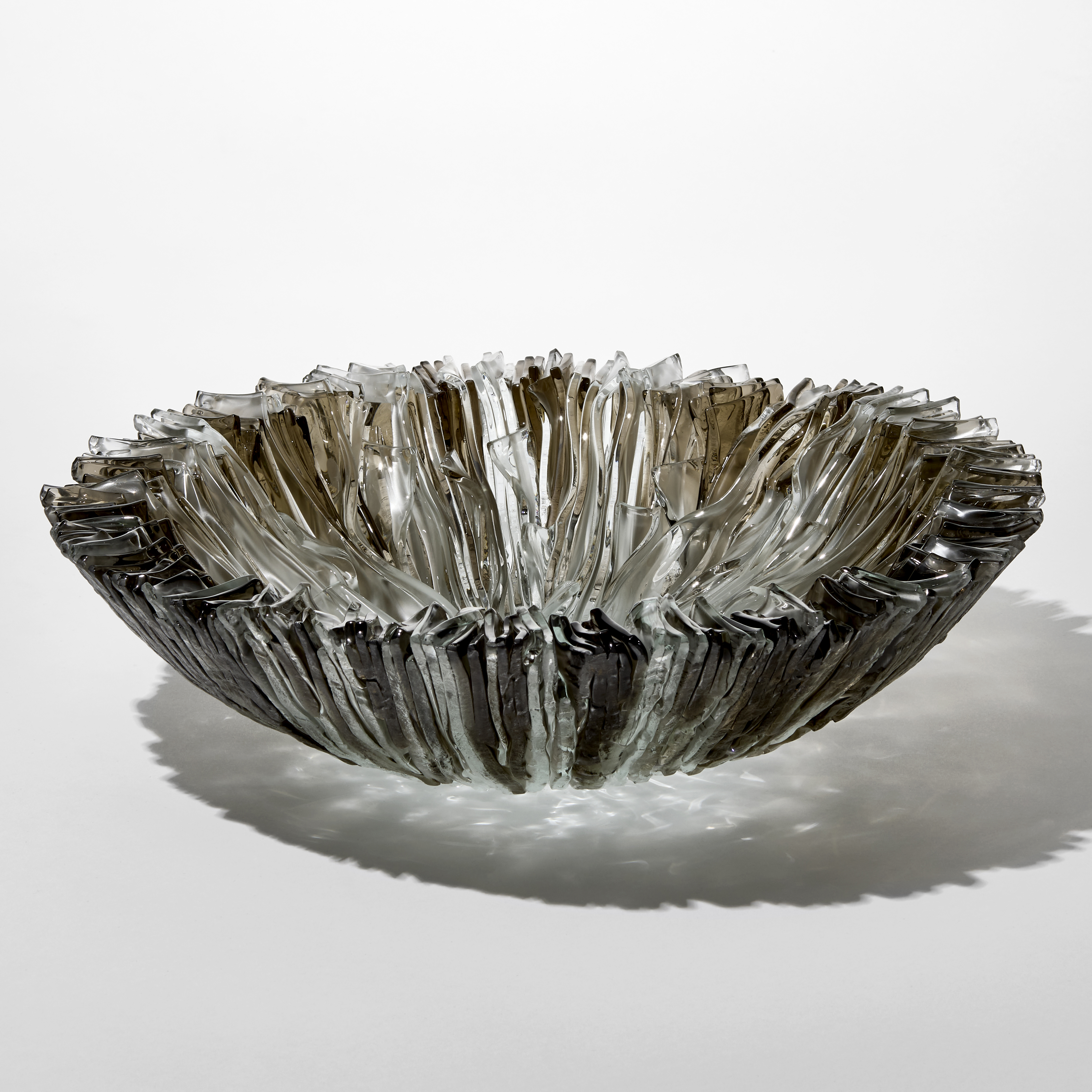 kiln formed glass bowl sculpture in broze aqua and grey