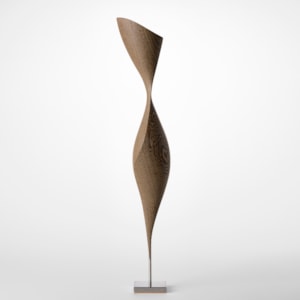 square based simple stainless steel stand holding above an abstract figurative sculpture hand carved from wenge wood
