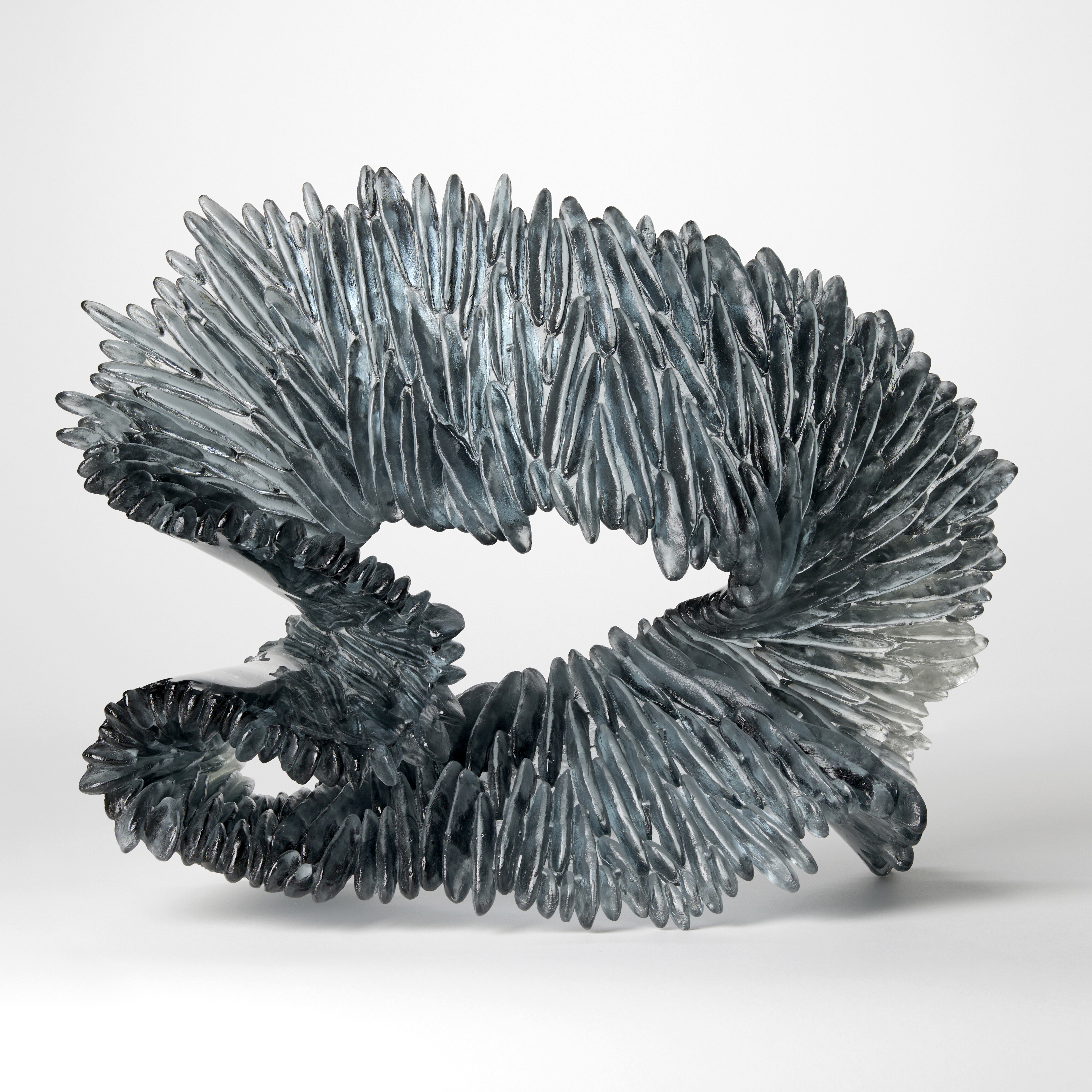 looping standing oval opaque form in rich blue grey and clear with the front surface covered in raised ridges like the gills of a mushroom hand made from cast glass 