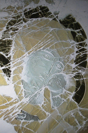 grey yellow and black art glass cancas faintly depicting jesus